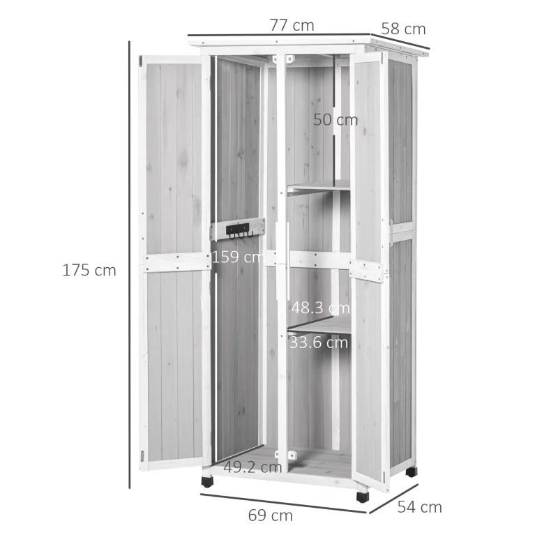Outsunny Outdoor Garden Shed Wooden Garden Cabinet 3-Tier Double-door Storage Shed 2 Shelves Organizer with Handle Hooks Magnetic Latch Foot Pad 77 x 58 x 175cm Grey
