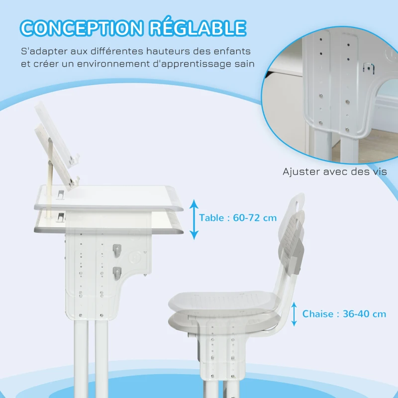 HOMCOM Bureau et chaise pour enfant avec support de lecture casier crochet et porte stylo 60 x 45x 90-102 cm gris