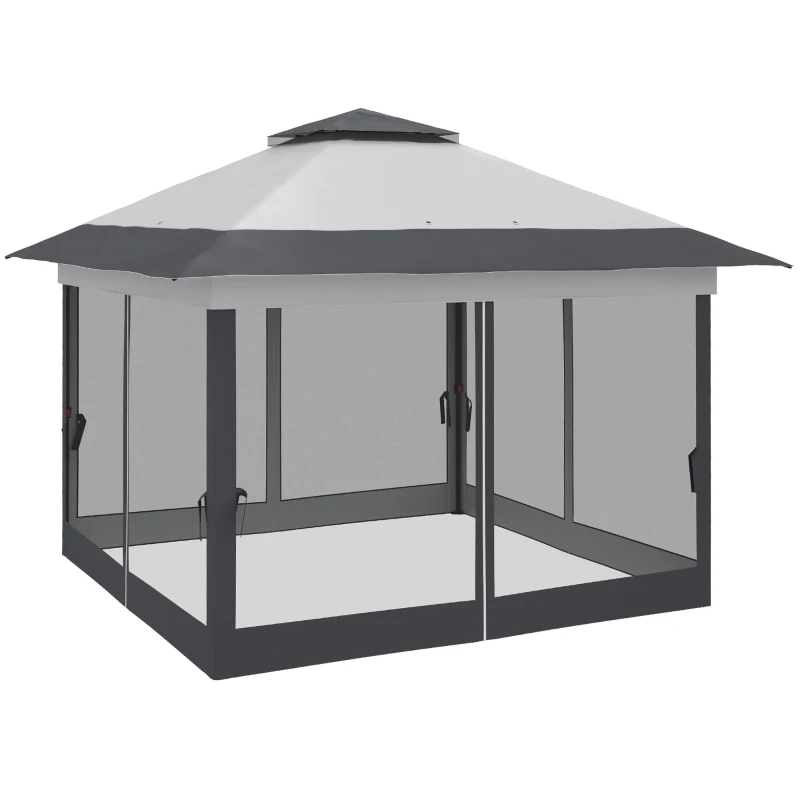 Outsunny Gazebo Pieghevole 3.6x3.6m con Prese d'Aria e Zanzariere, in Acciaio e Tessuto Oxford, Grigio