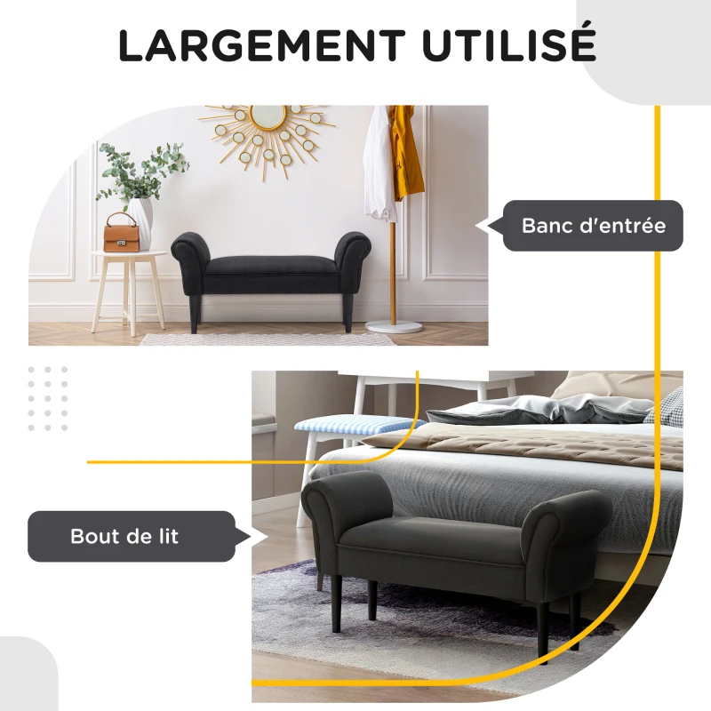 HOMCOM Banc Entrée Bout de Lit Rembourré pour Chambre à Coucher, Tissu à Voile, Noir, 102 x 36 x 51 cm