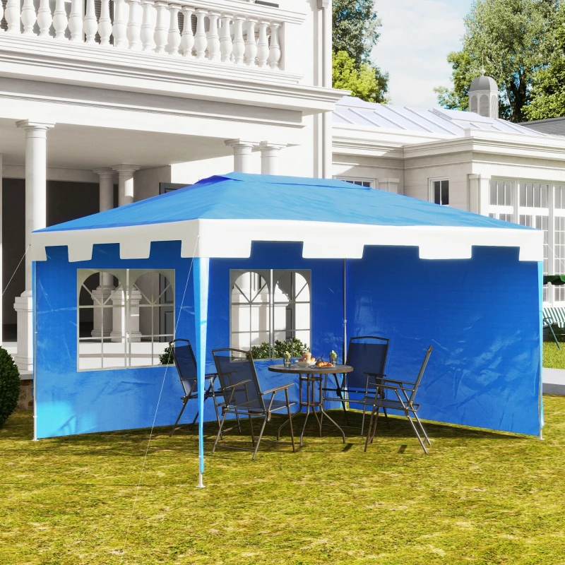 Outsunny 3 x 4 m Garden Gazebo Shelter Marquee Party Tent with 2 Sidewalls for Patio Yard Outdoor, Blue