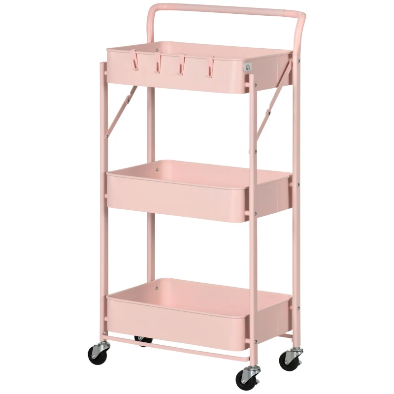 HOMCOM Carrito Auxiliar con Ruedas Carrito Plegable de 3 Niveles con 4 Ganchos y 3 Cestas Extraíbles 43x31x89 cm Rosa