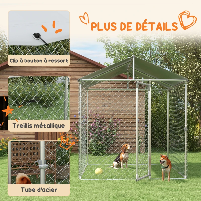 PawHut Chenil d'extérieur pour chiens - enclos parc 4m² avec auvent et porte verrouillable - Dim. 200L x 200l x 237H cm