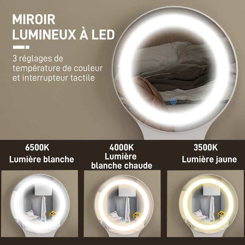 HOMCOM Coiffeuse avec miroir et tabouret table de maquillage luminosité réglable 5 tiroirs 4 compartiments1 étagère blanc