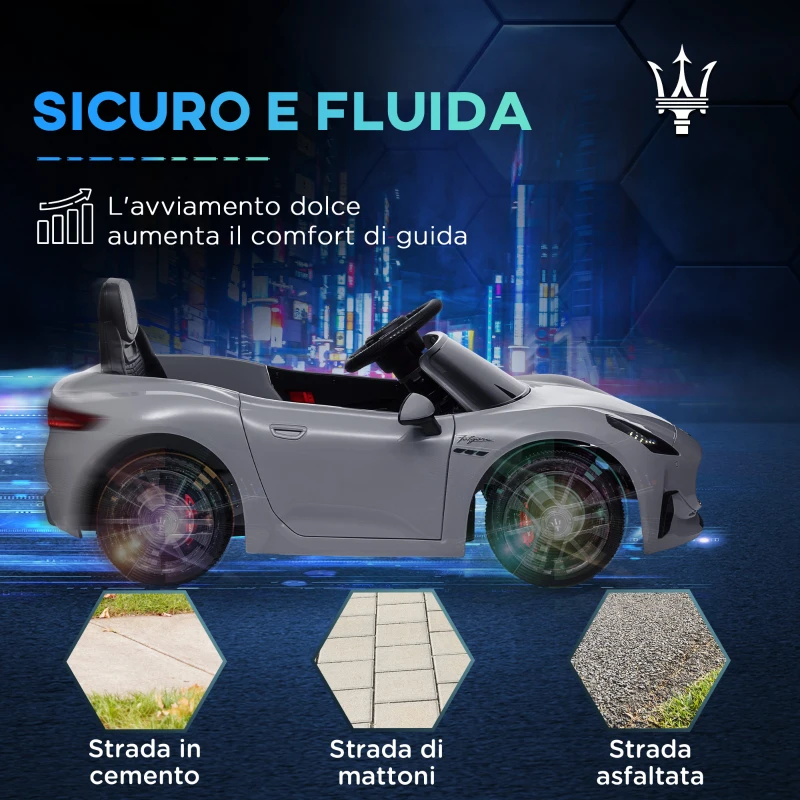 AIYAPLAY Macchina per Bambini 12V Maserati Gran Turismo Folgore con Telecomando, Età 3-5 Anni, Grigio