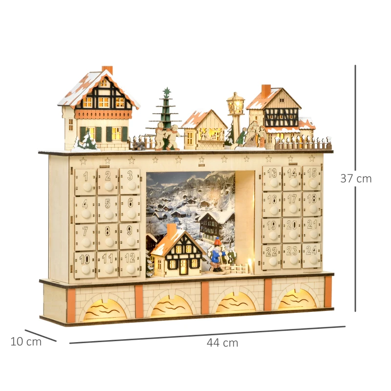 HOMCOM Calendario dell'Avvento in Legno con 24 Cassetti da Riempire, Decorazione con Villaggio di Natale e Luci, 44x10x37cm