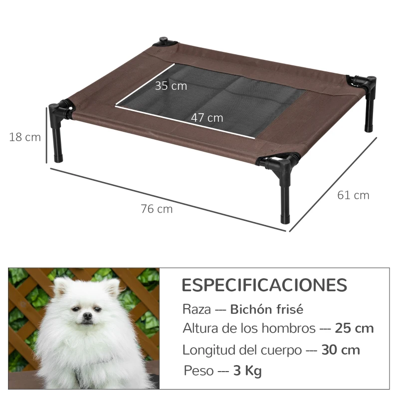 PawHut Cama Elevada para Perros Gatos Portátil Cama para Mascotas con Zona de Malla Transpirable y Tela Oxford para Interior Exterior 76x61x18 cm Marrón