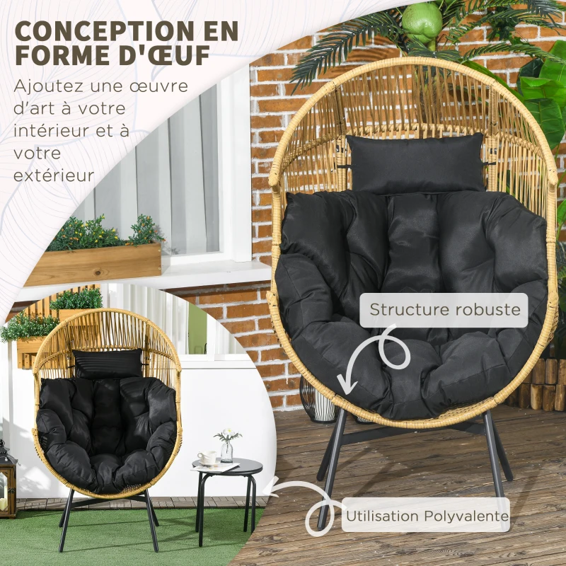 Outsunny Fauteuil de jardin cocon sur pied résine effet rotin coussins polyester, structure en métal, dim. 89 x 75 x 143 cm