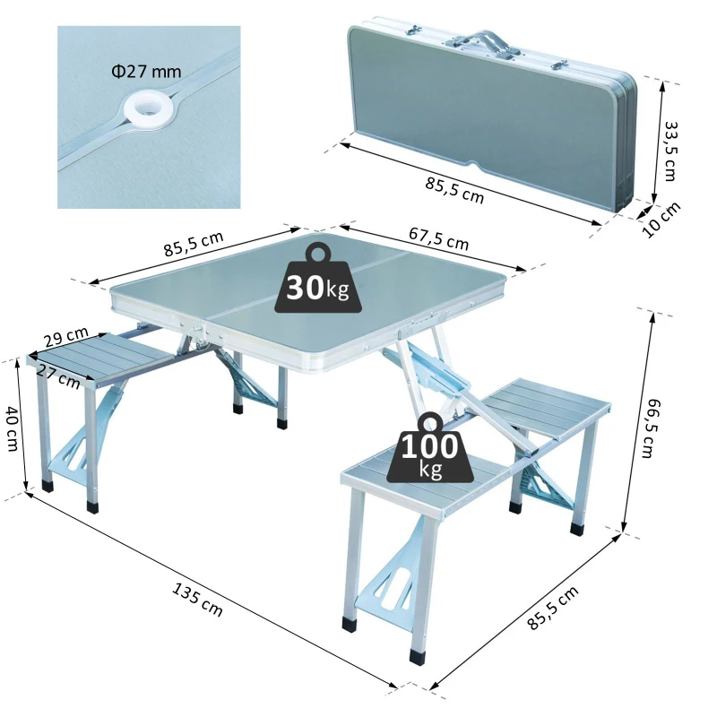 Outsunny Table de Camping Pique-Nique Pliante Aluminium 4 Places en Valise
