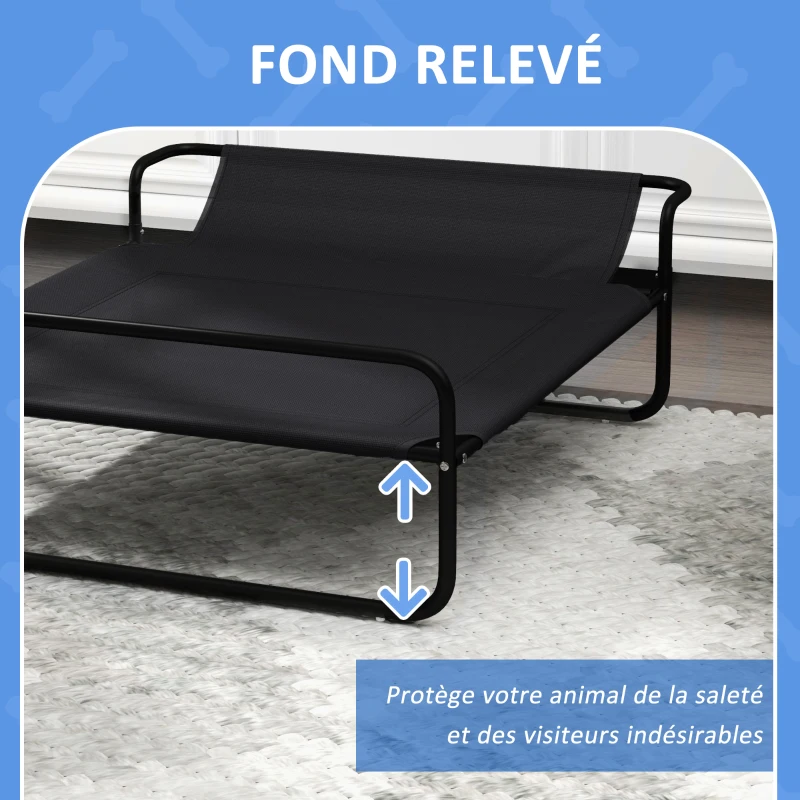 PawHut Lit surélevé pour chiens animaux de compagnie avec appui-tête tissu micro-perforé 91 x 69 x 29 cm noir