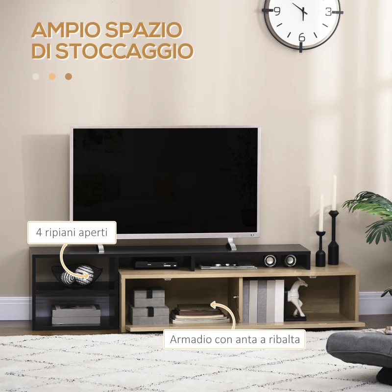 HOMCOM Mobile TV 32"-65" con Ripiano Rimovibile e Armadietto con Anta Ribaltabile in MDF, 163x40x38 cm, color Legno e Nero