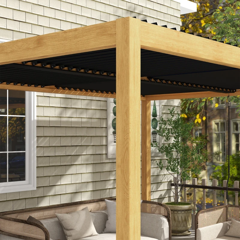 Outsunny Pergola 3 x 4 m bioclimatique tonnelle avec lames orientables manivelle, style contemporain, aluminium - noir et naturel