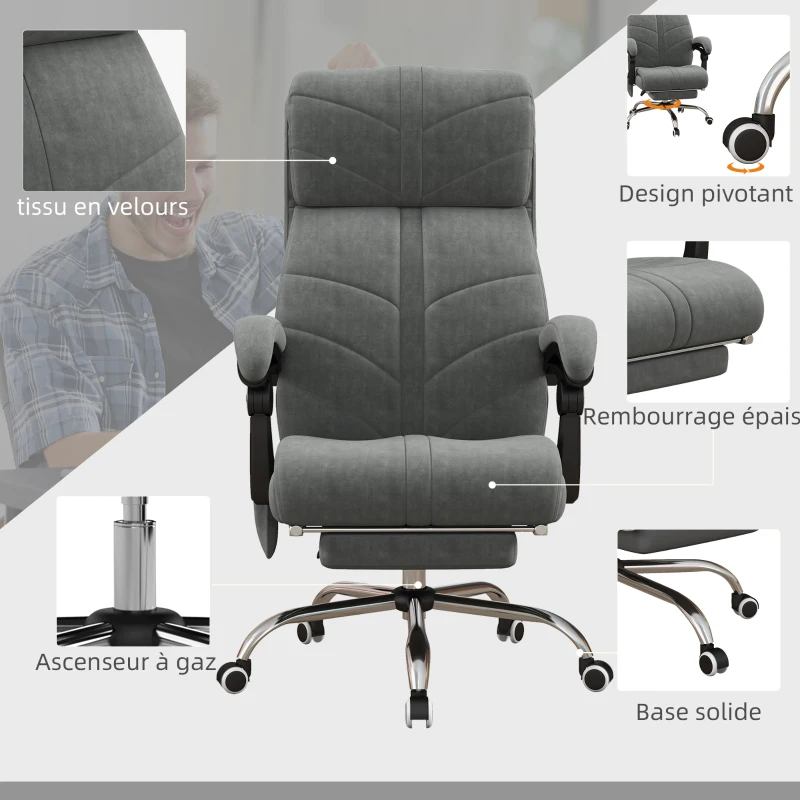 Vinsetto Fauteuil chaise de bureau massant chauffant inclinable avec repose-pieds intégré 5 roulettes gris