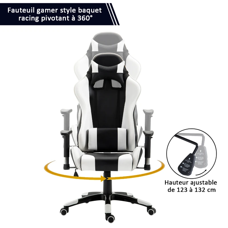 HOMCOM Fauteuil de bureau manager grand confort style baquet Racing pivotant inclinable avec coussins blanc noir