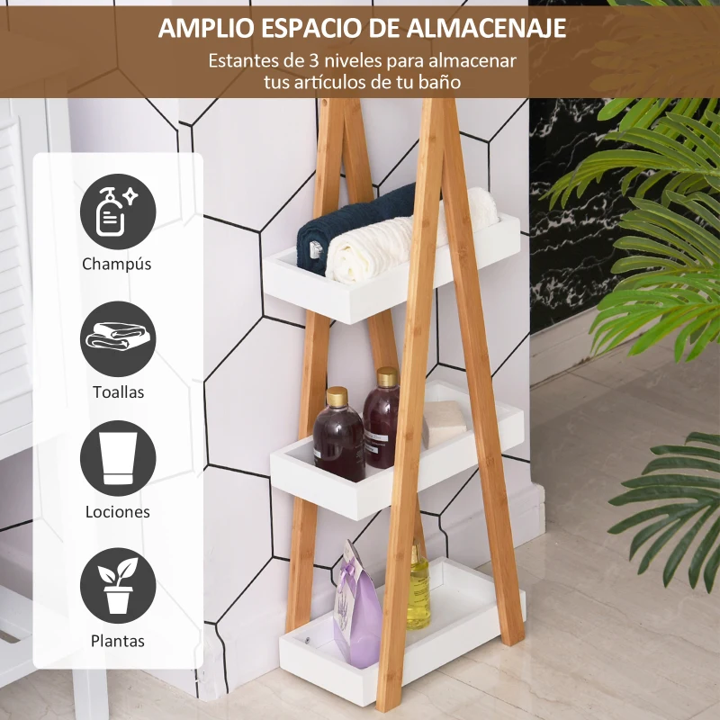 kleankin Estantería de Baño de Bambú con 3 Estantes Estantería de Almacenaje Estantería de Madera en Forma de A 30x18x81 cm Natural y Blanco
