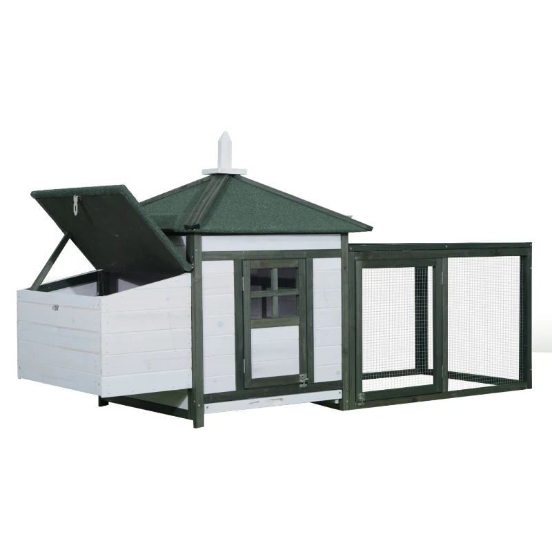 PawHut Poulailler cottage multi-équipement perchoir rampe pondoir enclos tiroir à déjection 196L x 76l x 97H cm bois massif pin vert blanc