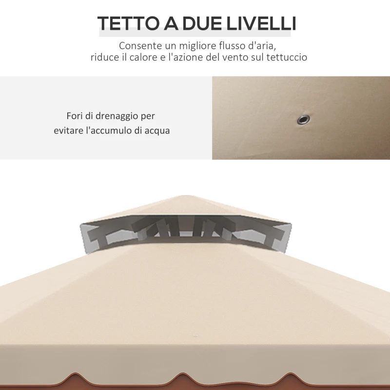 Outsunny Gazebo da Giardino 4x4m Esagonale con Doppio Tetto e Tende Laterali Rimovibili, Marrone