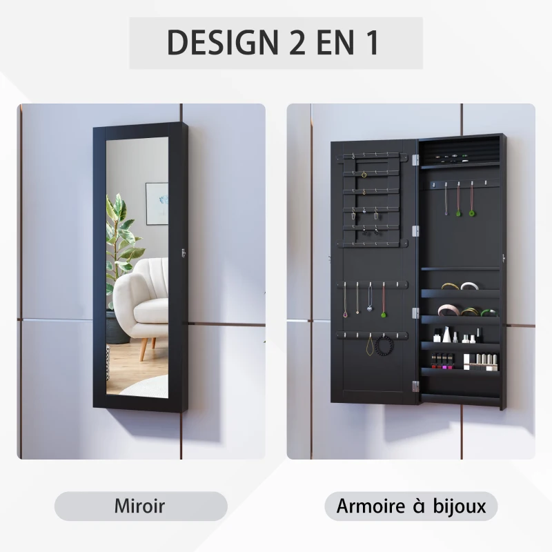 HOMCOM Armoire à Bijoux Multi-rangements Design Contemporain Mural avec Miroir 37L x 10l x 112H cm Noire