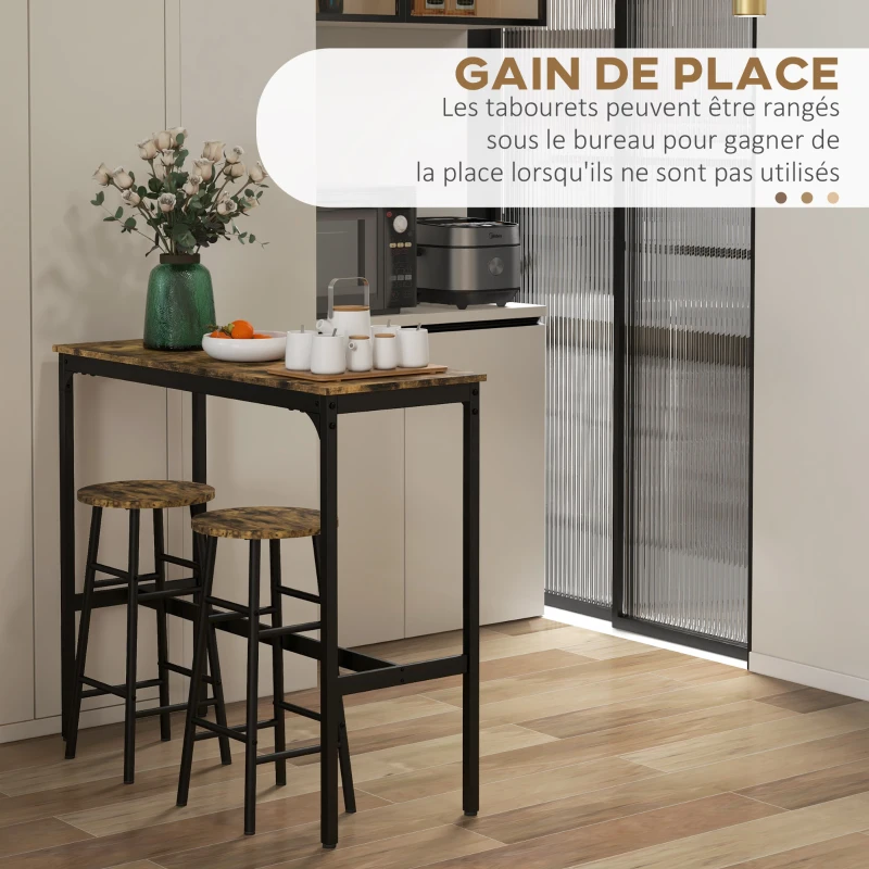 HOMCOM Ensemble table haute de bar + 2 tabourets structure en acier plateau aspect effet bois d'acajou 2 personnes noir
