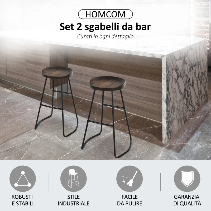 HOMCOM Set 2 Sgabelli Alti in Stile Industriale, Sgabelli da Bar con Telaio in Acciaio Nero e Seduta in Legno, Sgabelli Vintage per Cucina, 49.5x44x71cm