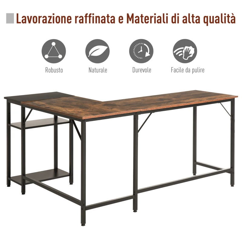 HOMCOM Scrivania Angolare in Stile Industriale con Ripiano Laterale, in Legno e Metallo Nero, 150x120x75cm