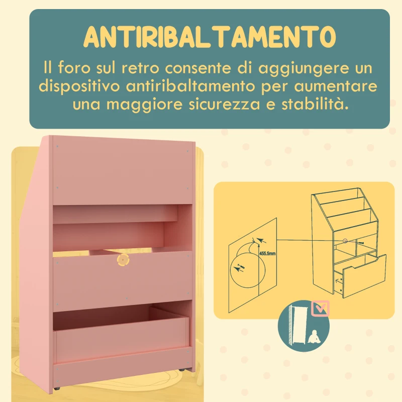 HOMCOM Piccola Libreria per Bambini con Ripiani e Cassetto in MDF, 60x29.9x90cm, Rosa