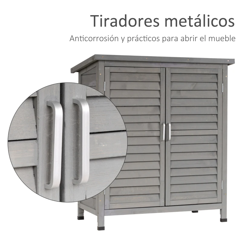 Outsunny Cobertizo de Almacenamiento de Madera para Jardín con 2 Estantes Interiores 2 puertas y Techo Inclinado para Exterior Terreza 87x46,5x96,5 cm Gris(m-7)