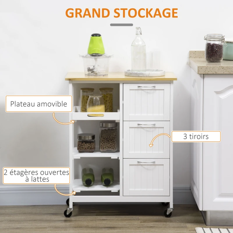 HOMCOM Desserte de cuisine à roulettes chariot de service avec plan de travail en bois de pin - 2 étagère, 1 plateau amovible et 3 tiroirs
