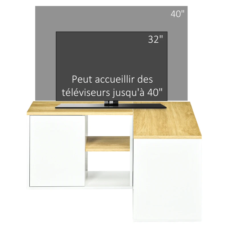 HOMCOM Meuble TV d'angle banc télévision jusqu'à 40 pouces avec rangements aspect bois clair et blanc