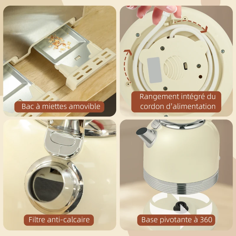 HOMCOM Ensemble bouilloire grille-pain, bouilloire en acier inoxydable 1,7 L et 2200 W et grille-pain à 4 tranches, crème