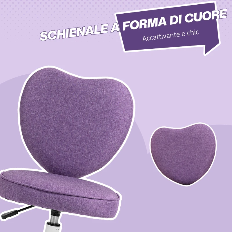HOMCOM Sedia per Scrivania a Cuore con 5 Rotelle e Altezza Regolabile in Tessuto, 40x50x79-89cm, Viola
