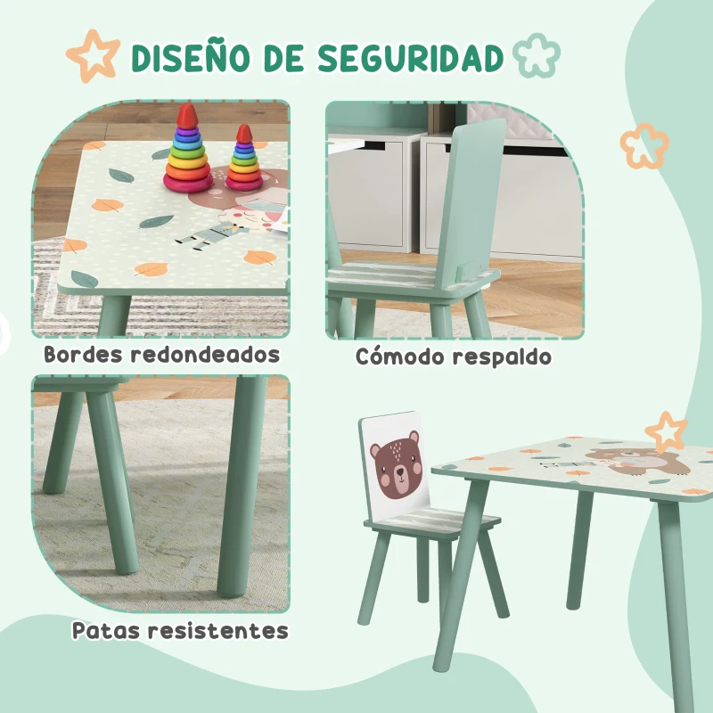 ZONEKIZ Set de Mesa y 2 Sillas Conjunto de Muebles Infantiles de 3 Piezas para Niños de +3 Años con Estampado Animales y Verde