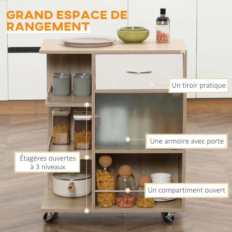HOMCOM Desserte de cuisine îlot central cuisine roues pivotantes 360° étagères avec barrières 65 x 39 x 80 cm naturel