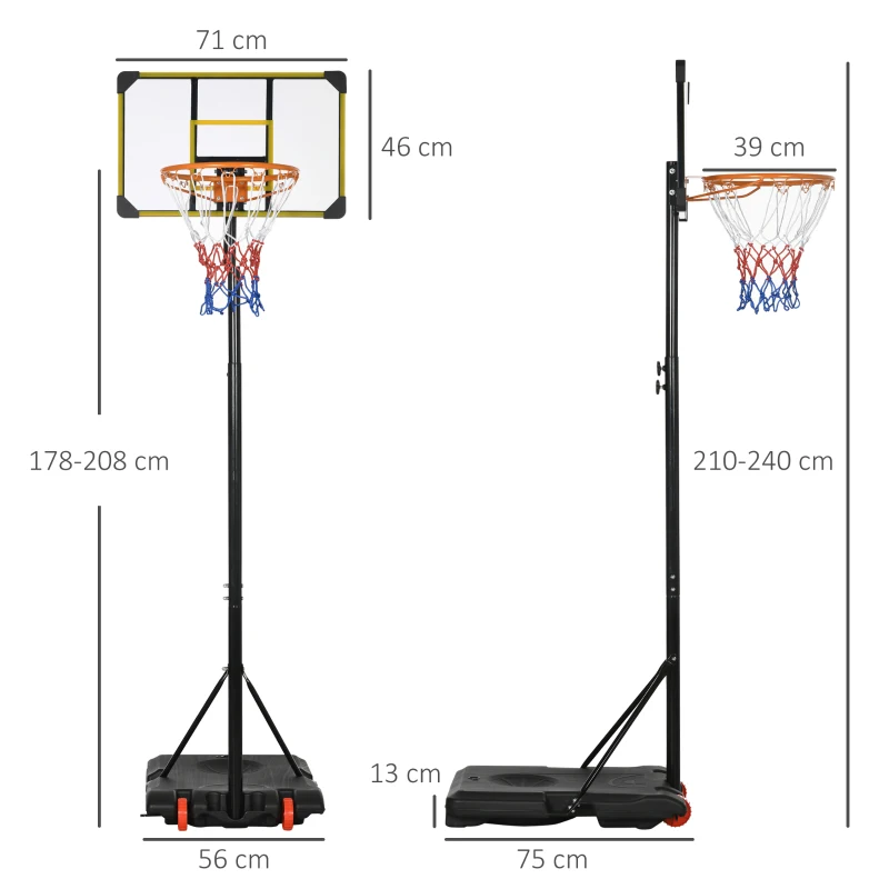SPORTNOW Canestro Basket per Adulti, Altezza Regolabile 2.1-2.4 m, Ruote e Base Riempibile, Giallo