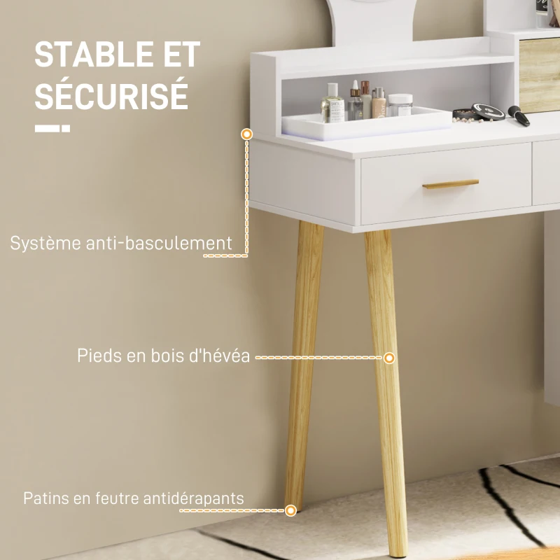 HOMCOM Coiffeuse avec miroir et tabouret table de maquillage luminosité réglable 5 tiroirs 4 compartiments1 étagère blanc
