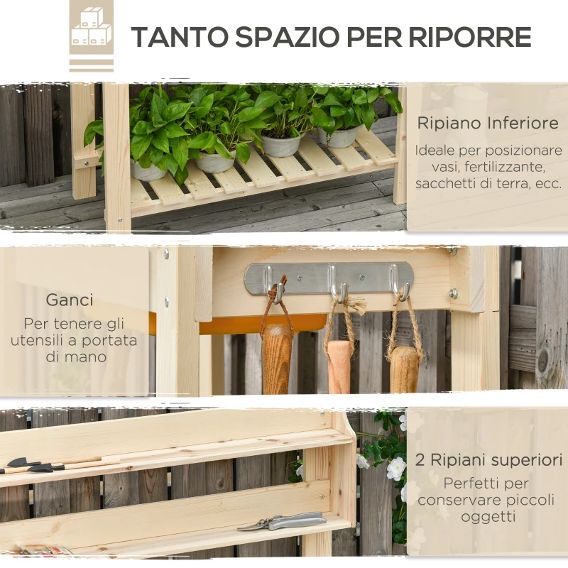 Outsunny Banco da Lavoro per Giardinaggio in Legno Naturale con Vaschetta Integrata, Mensole e Ganci 100x40x140cm