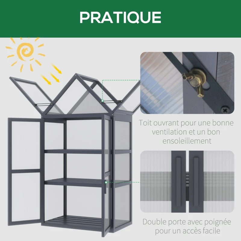 Outsunny Mini Serre de Jardin en Polycarbonate Cadre en Bois 3 Niveaux dim. 70L x 42l x 132H cm Double Porte aération réglables - Gris(m-5)