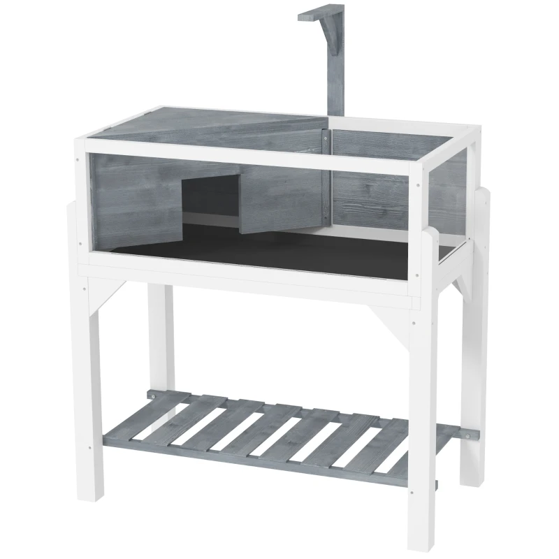 PawHut Wooden Tortoise House with Storage Shelf, Clear Observation Windows, Lamp Holder, Openable Top, Built-in Tray, Grey