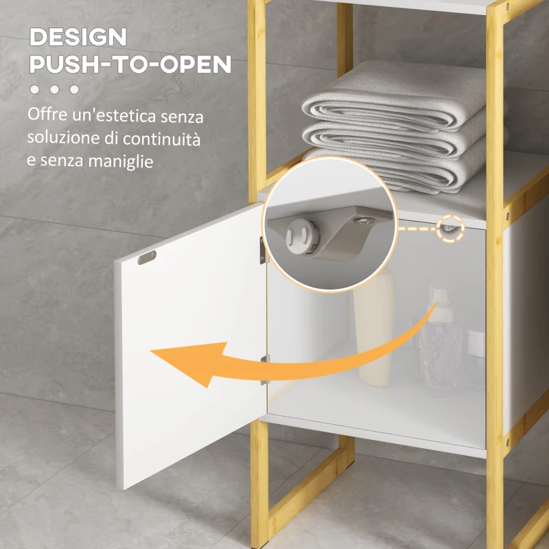 HOMCOM Mobile Bagno con Ripiano Aperto e Anta con Apertura a Pressione in Bambù e MDF, 33x33x80cm, Bianco