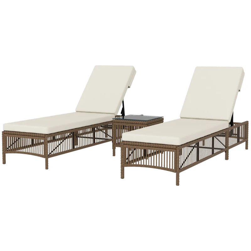 Outsunny Conjunto de 2 Tumbonas de Ratán con Mesa de Centro Respaldo Ajustable en 5 Niveles y Cojines 196x54x32 cm Beige