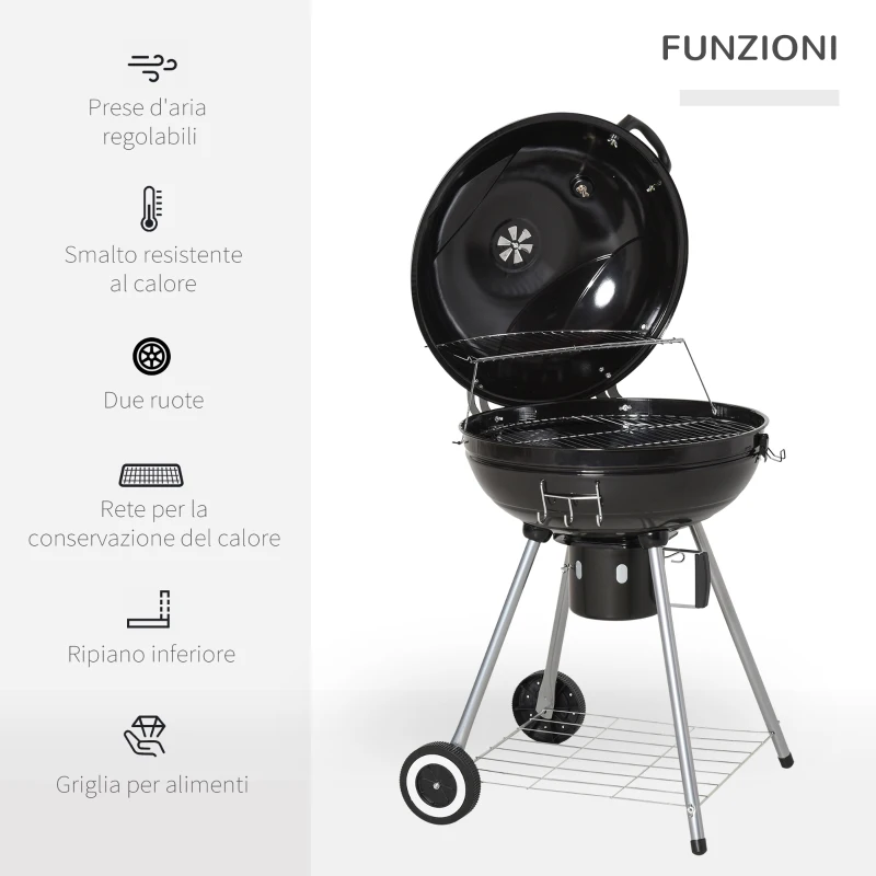 Outsunny Barbecue BBQ a Carbonella con Termometro Doppia Griglia Ripiano Inferiore 2 Ruote Metallo 57x63x94 cm Nero e argento
