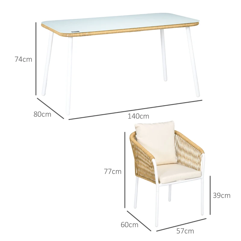 Outsunny Salon de Jardin 4 personnes en rotin PE avec chaises empilables et coussins, plateau en verre trempé cadre en aluminium