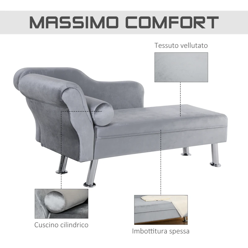 HOMCOM Chaise Longue Imbottita in Stile Vintage, Poltrona Letto con Cuscino Incluso, in Metallo e Velluto Grigio, 160x56x75 (cm)
