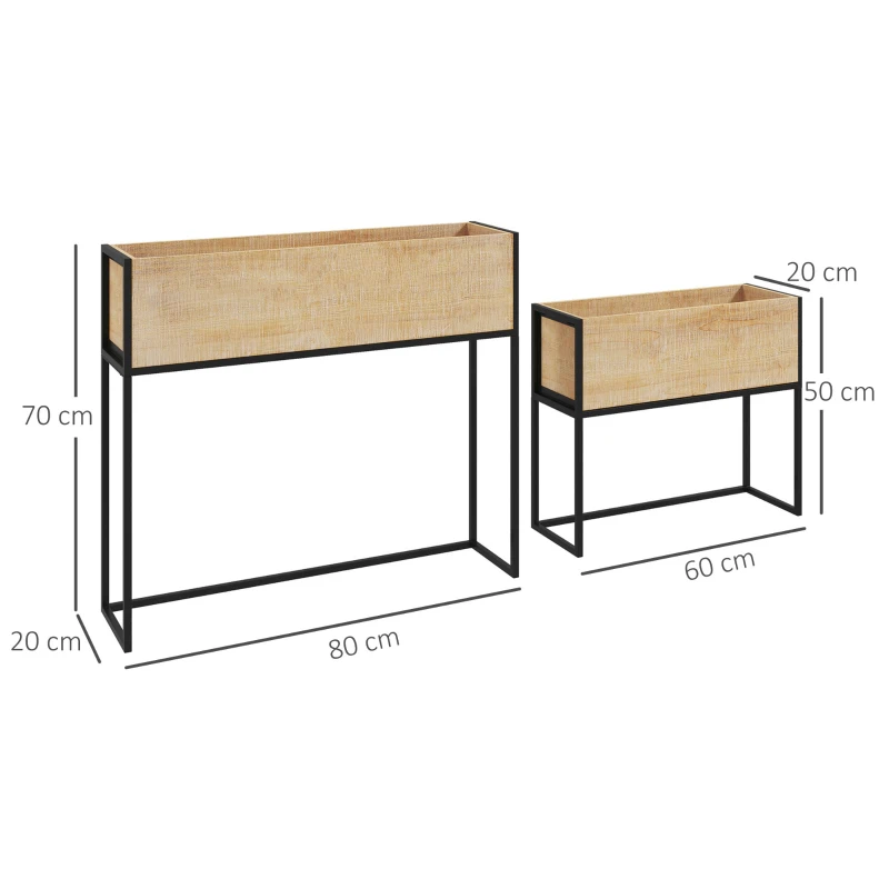 Outsunny Lot de 2 jardinières sur pieds en bois et métal 2 tailles 80 x 20 x 70 cm - 60 x 20 x 50 cm noir et naturel