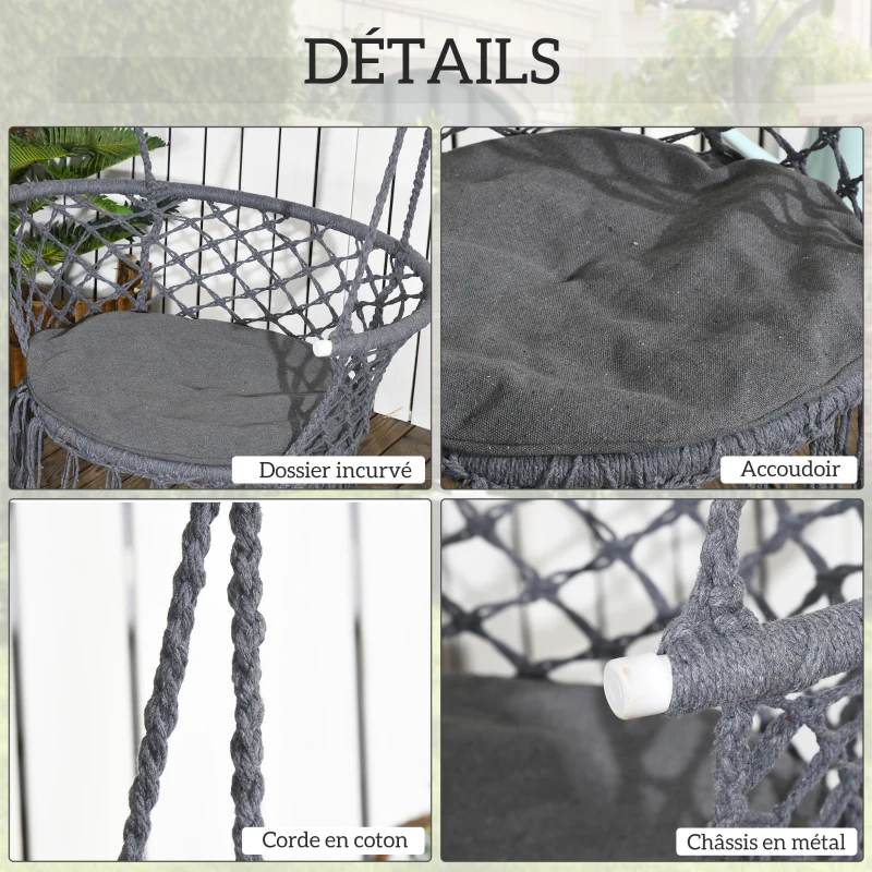 Outsunny Chaise suspendue hamac de voyage portable dim. 80L x 60l x 36H m macramé coton polyester gris