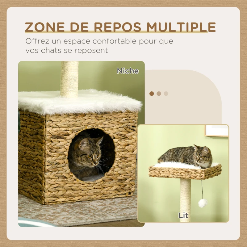 PawHut Arbre à chat 2 niveaux avec 1 niche 1 poteau sisal 1 plateforme d'observation et 1 pompon suspendu jacinthe d'eau