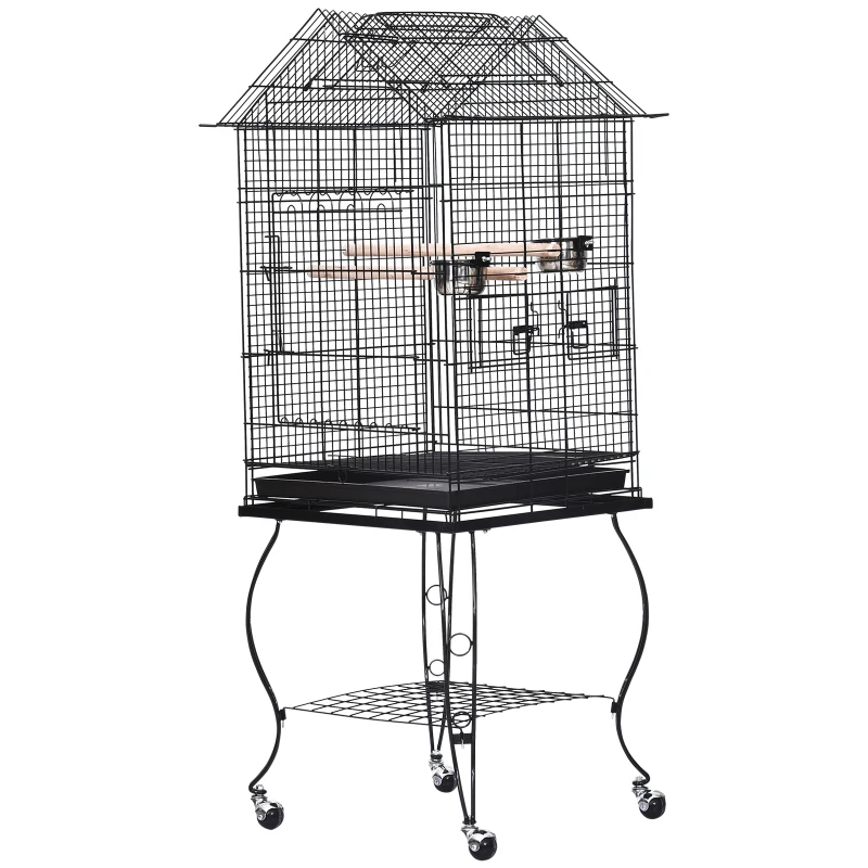 PawHut Jaula para Pájaros con Soporte y Ruedas Bandeja Extraíble 2 Comederos Repisa Inferior Metal para Canarios Periquitos Loros 53x53x147 cm Negro