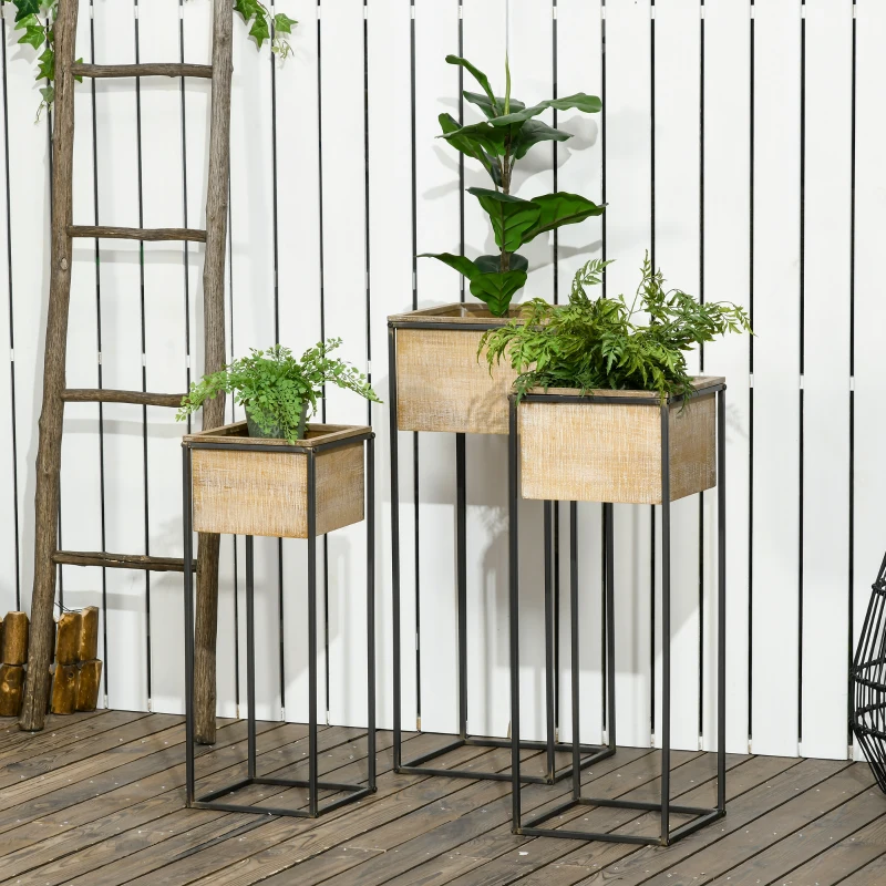 Outsunny Lot de 3 cache-pots carrés pour plantes fleurs sur pied en métal et bois - 3 hauteurs différentes naturel et noir