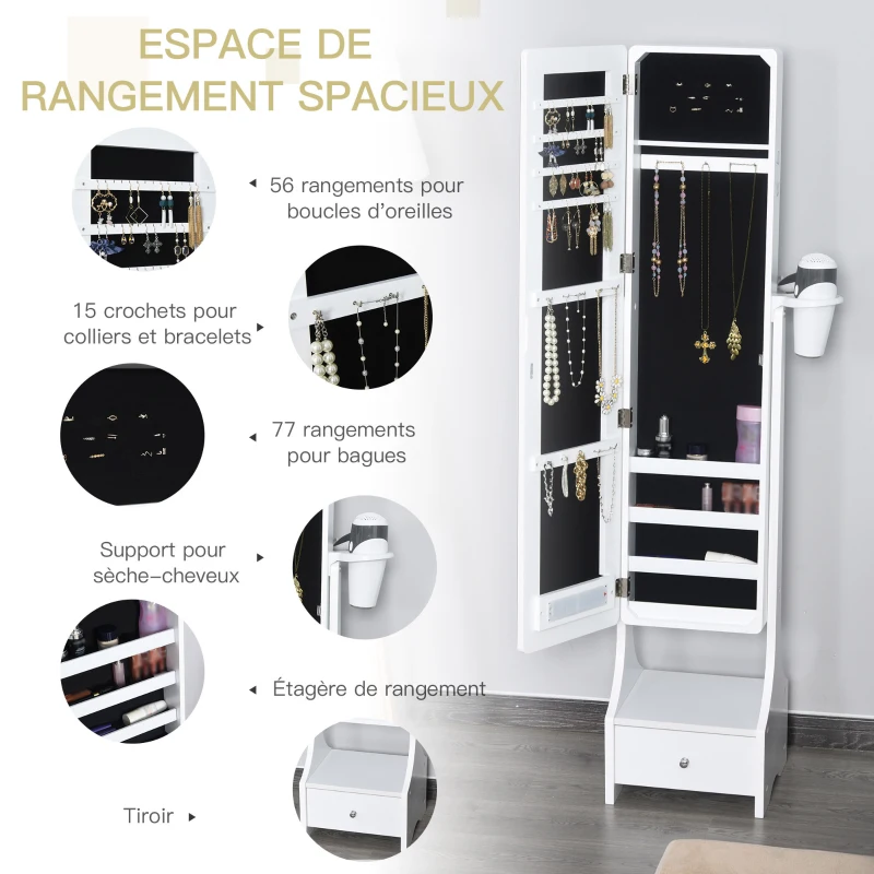 HOMCOM Armoire à Bijoux avec Miroir LED sur Pied Multi-rangements Inclinaison réglable dim. 37L x 30l x H158 cm