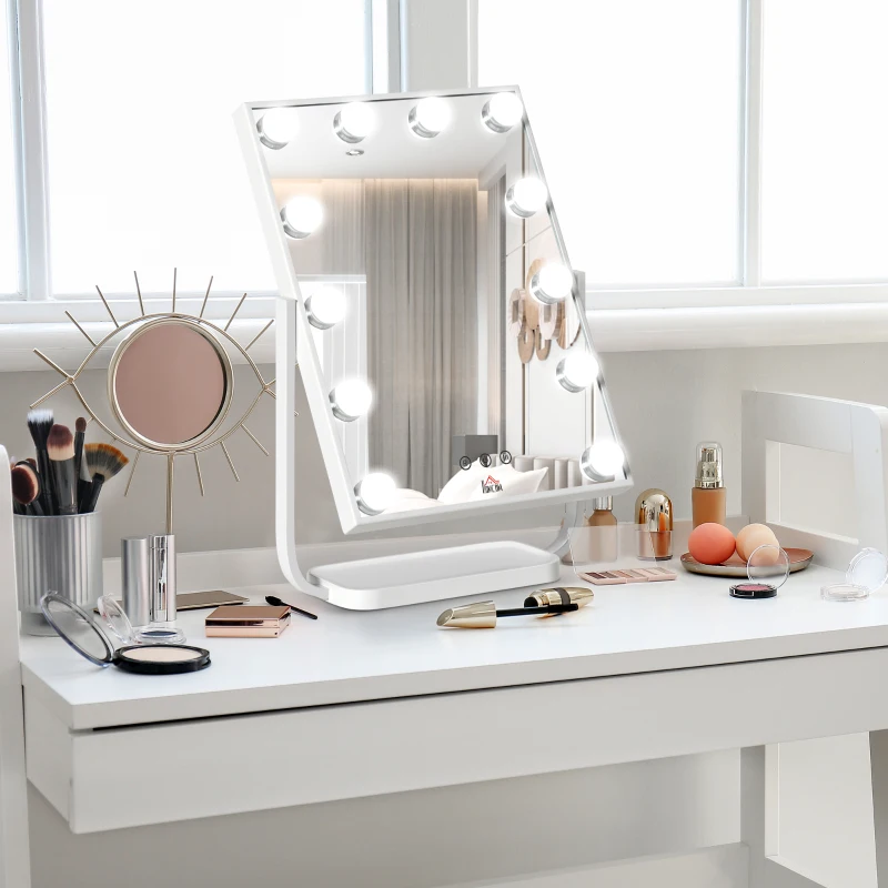 HOMCOM Miroir Maquillage Hollywood Lumineux LED Tactile - 3 Modes éclairage, inclinable, Adaptateur - métal Blanc Verre